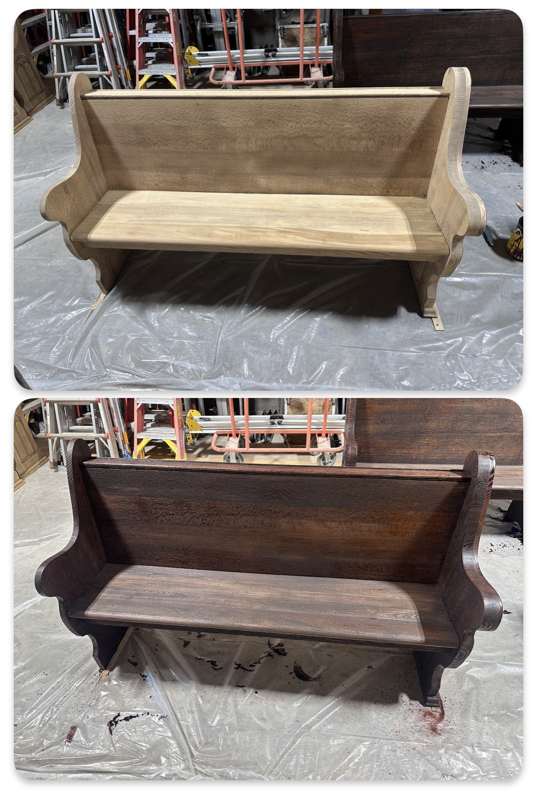 Oak church pew before and after a dark wood finish