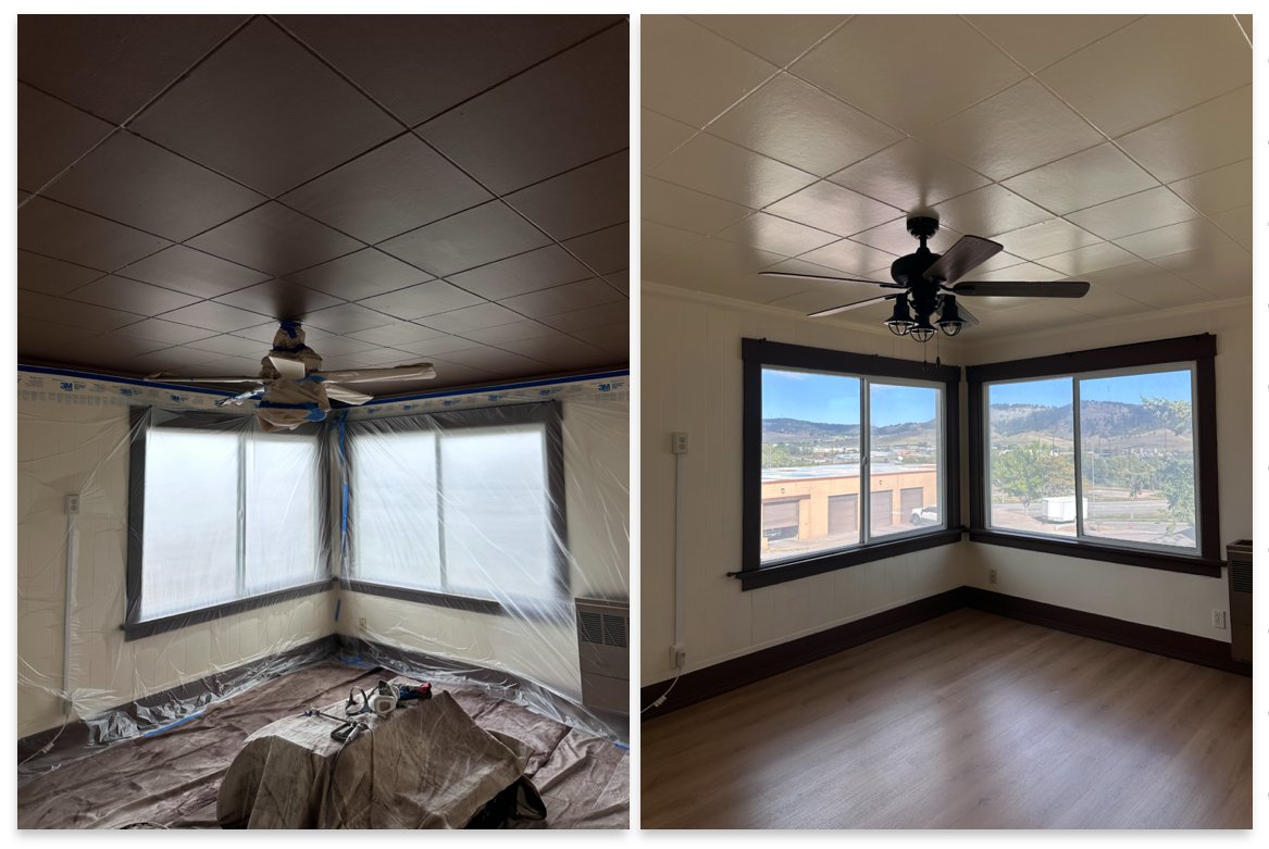 Room shown before and after its ceiling and walls were painted